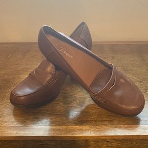 Brown high heeled loafer
